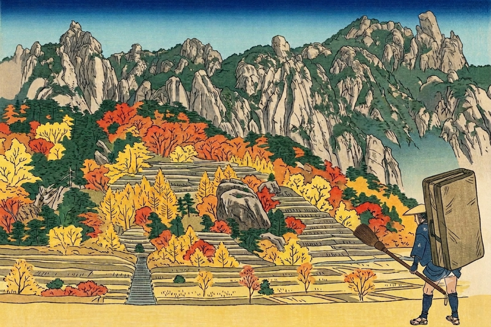 Ukiyo-e style woodblock print of a traveller below granite peaks in autumn