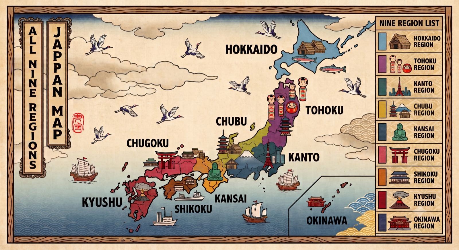 Illustrated map of Japan with all nine regions and a region list