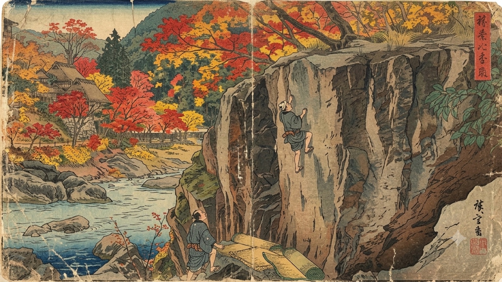 Ukiyo-e style woodblock print of climbers on a river boulder at Mitake in autumn