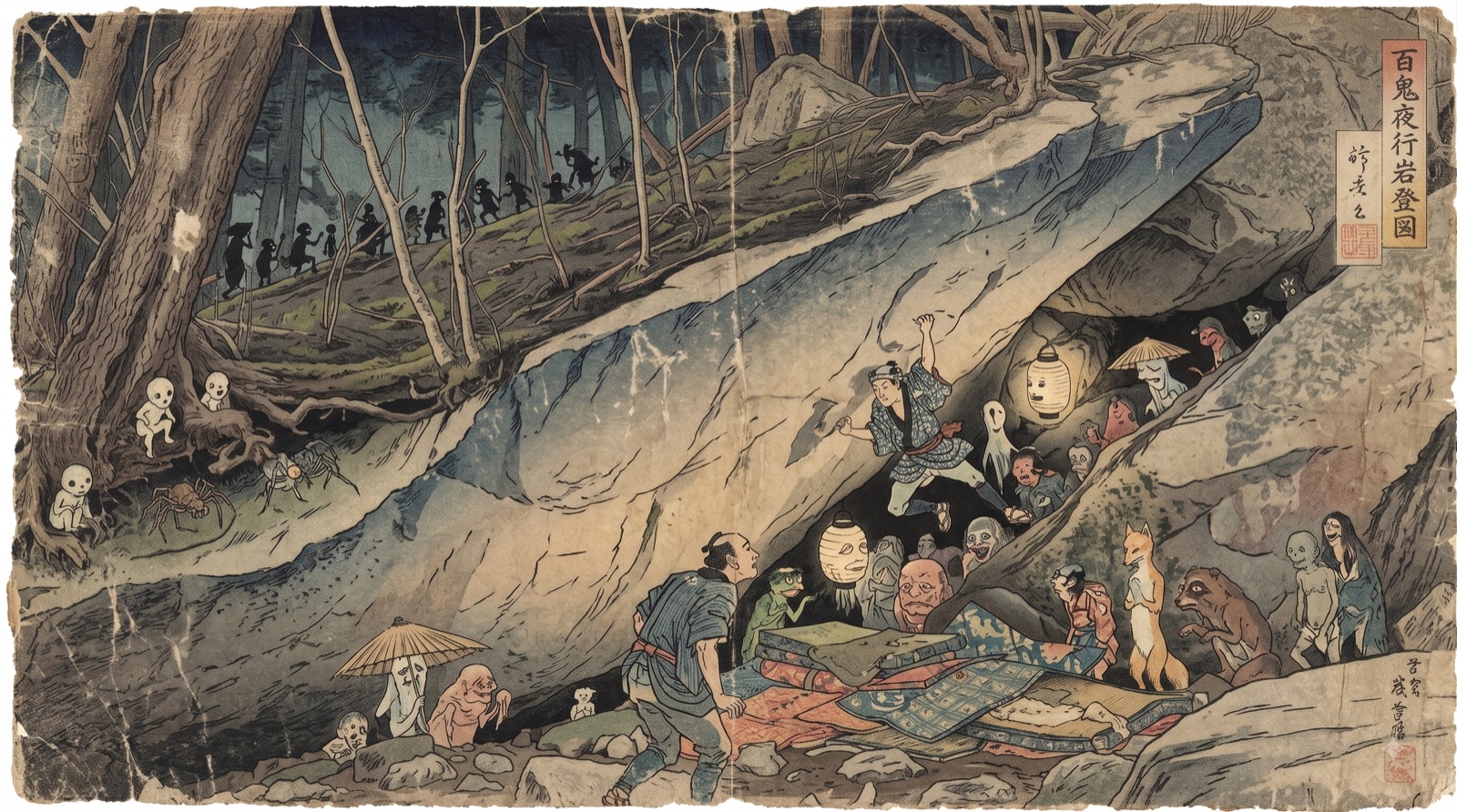Ukiyo-e style woodblock print of a climber on a granite boulder in a night forest at Mizugaki, watched by yokai