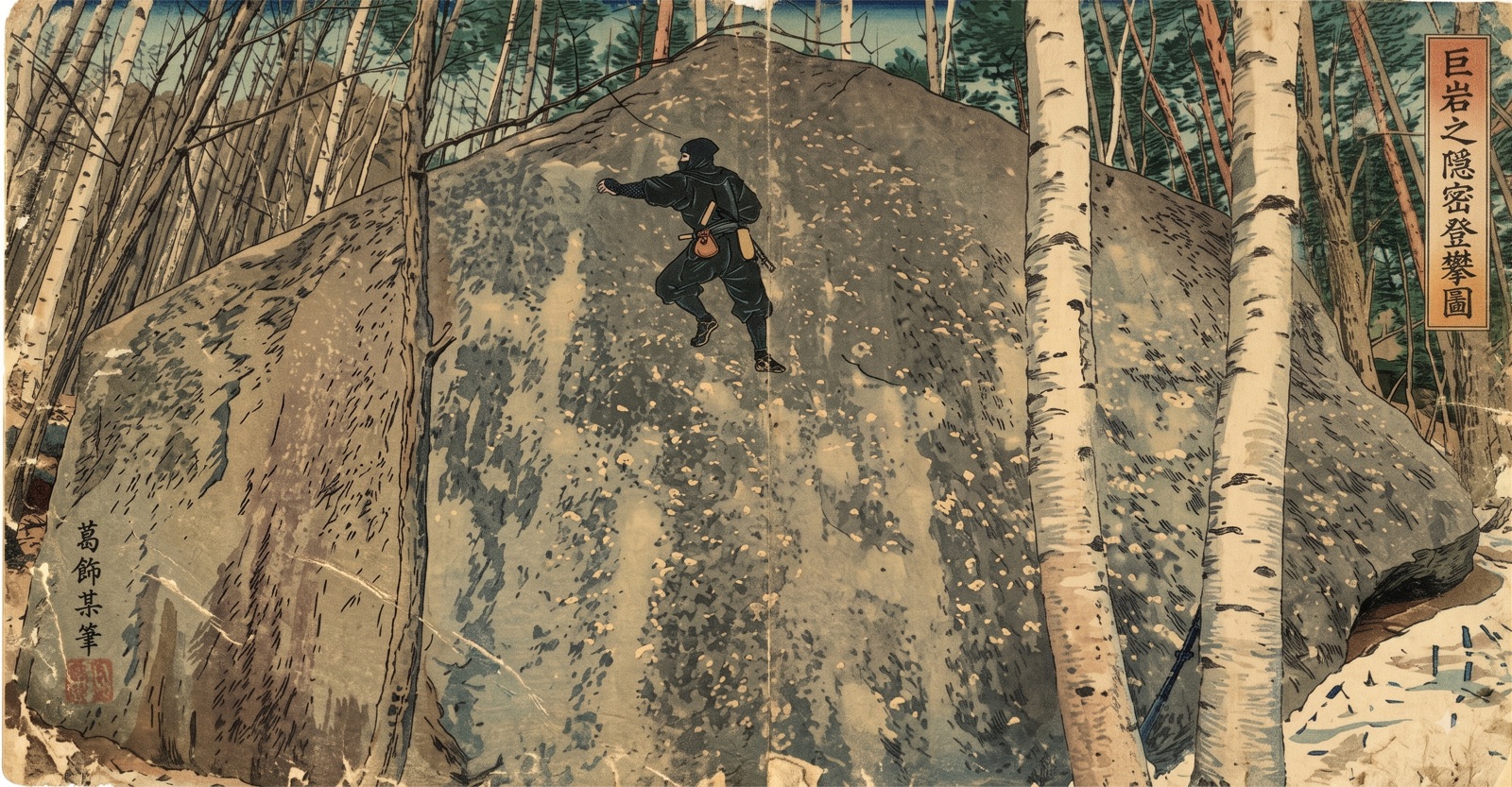 Ukiyo-e style woodblock print of a climber high on a granite boulder among birch trees at Ogawayama