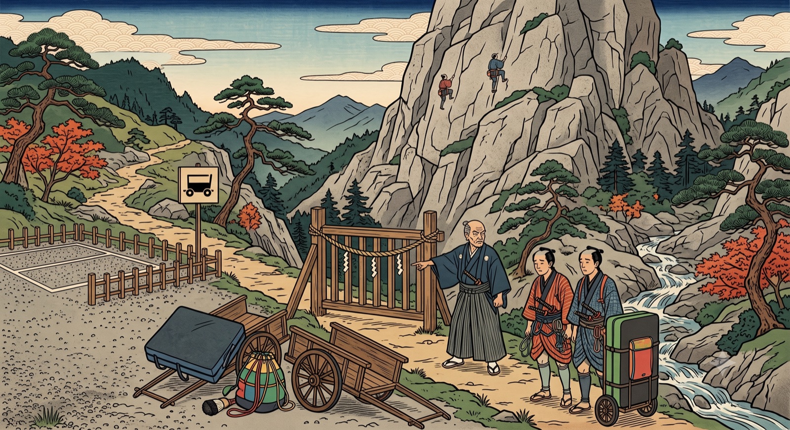 Woodblock illustration: climbers turned away from an unofficial parking area at a crag