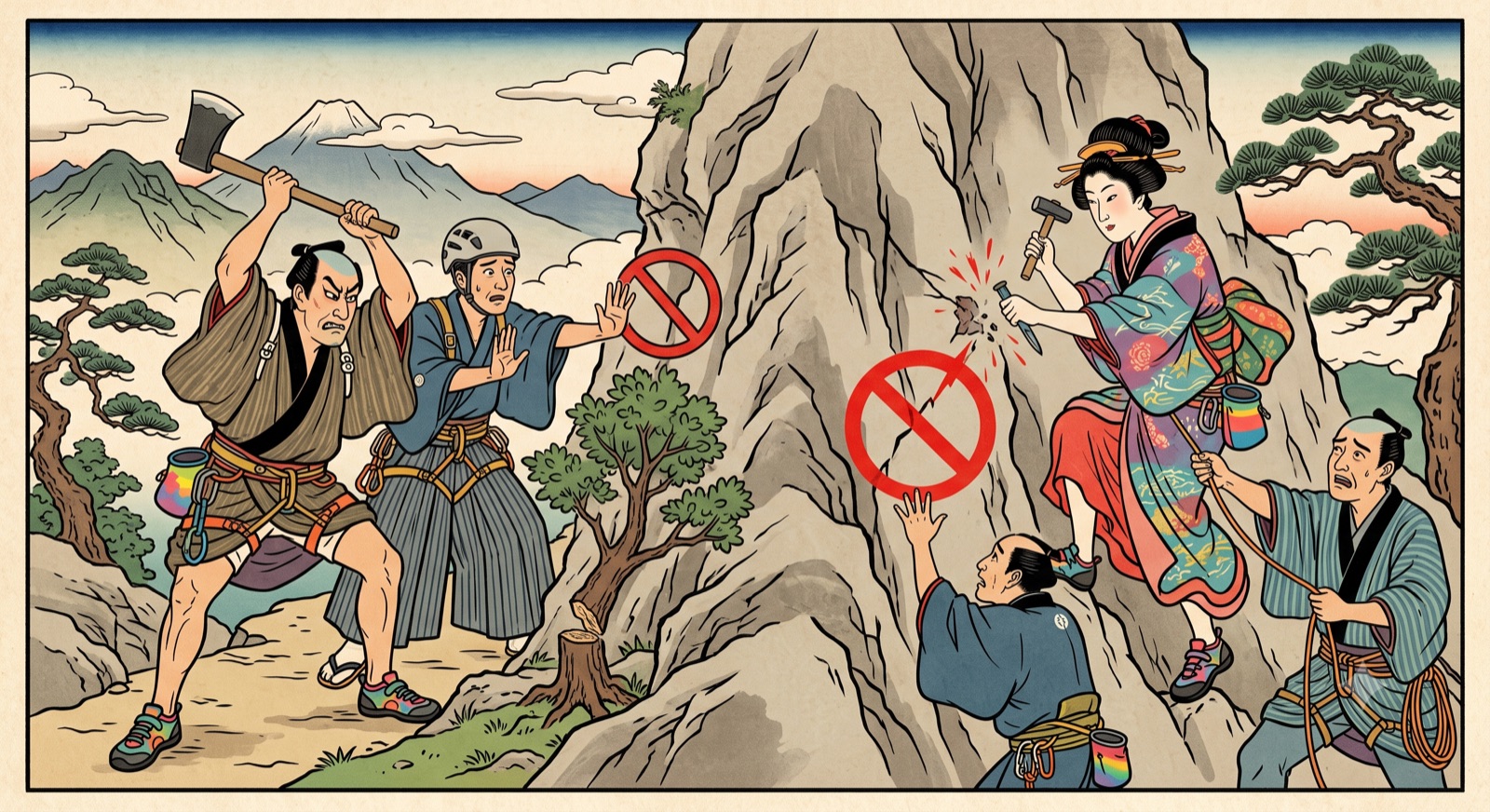 Woodblock illustration: chipping a hold and felling a tree, both marked as forbidden