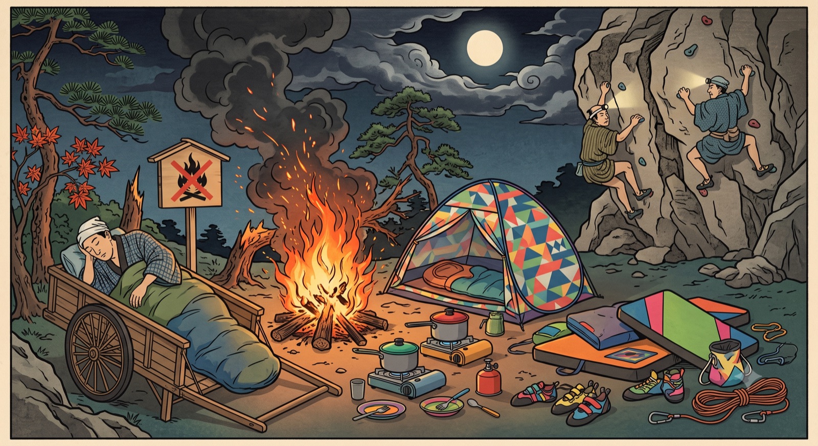 Woodblock illustration: campfire, tent and sleeping in a cart at night beside a crag