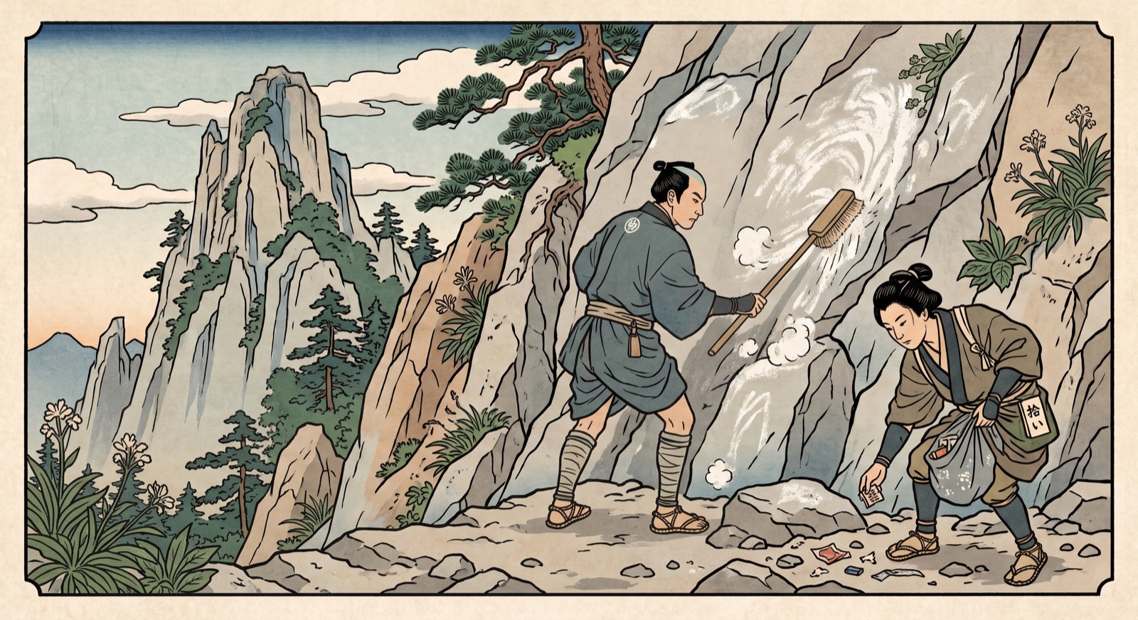 Woodblock illustration: climbers picking up tape and wrappers below a crag