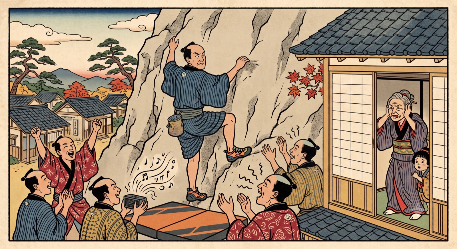 Woodblock illustration: cheering climbers with a speaker disturbing a neighbouring house